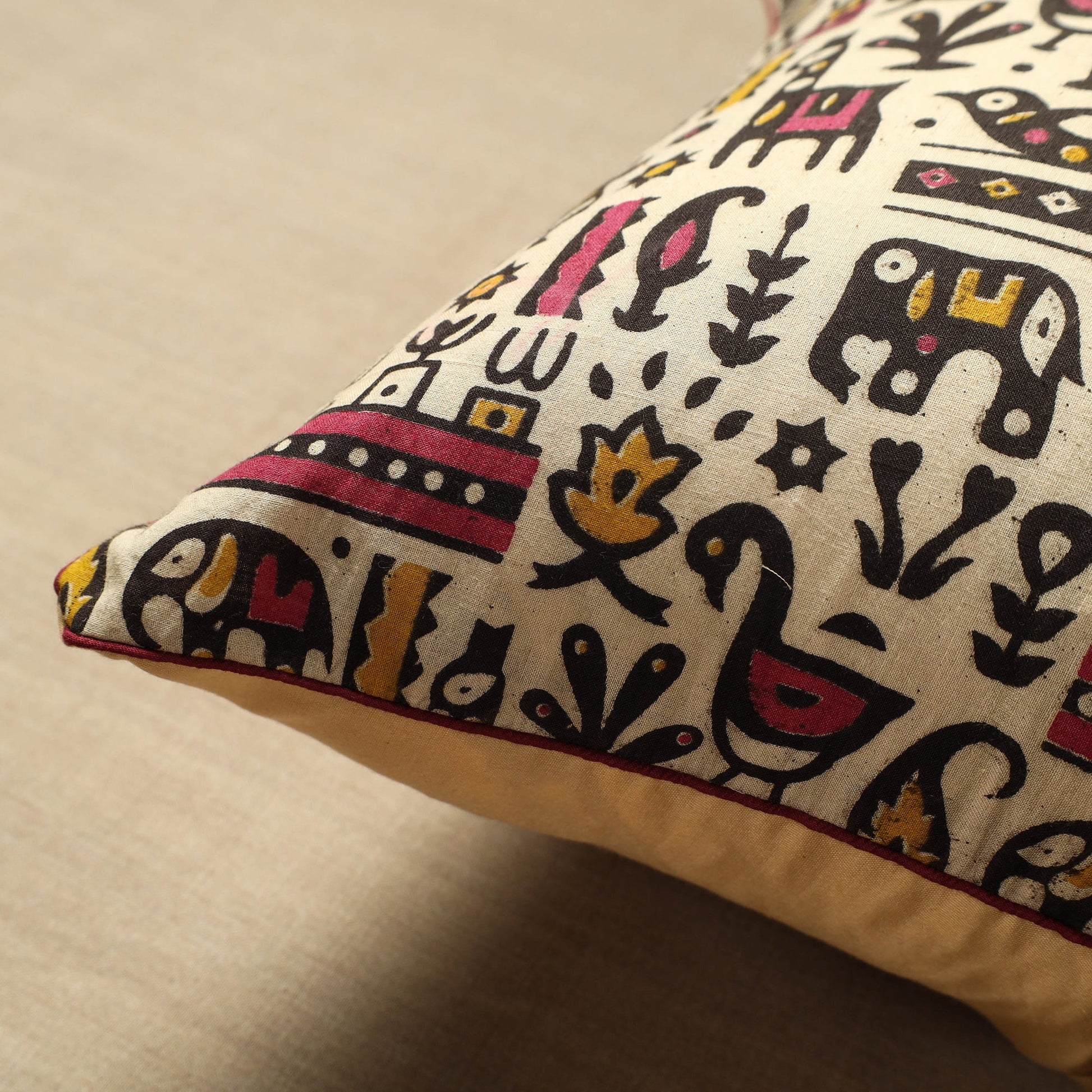 Beige - Cotton Printed Kalamkari Cushion Cover (16 x 16 in) 08
