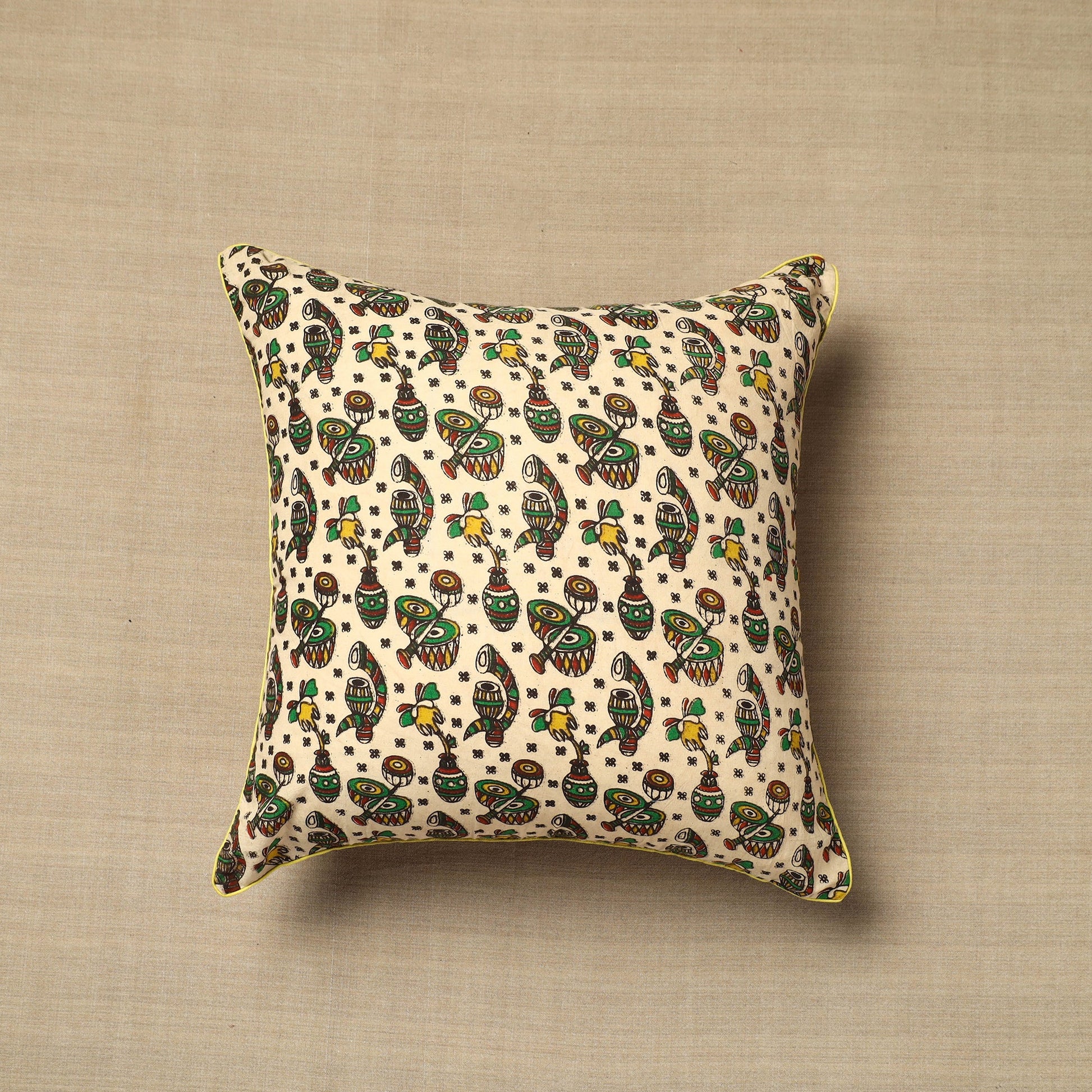 Beige - Cotton Printed Kalamkari Cushion Cover (16 x 16 in) 10