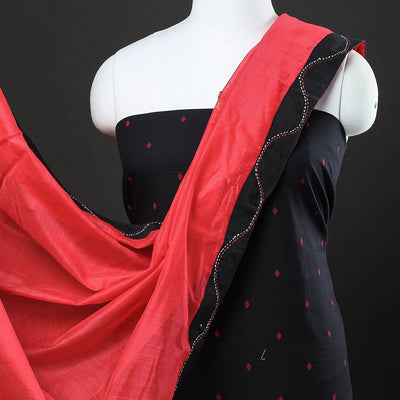 Black - 2pc Jacquard Cotton Kurta with Chanderi Dupatta