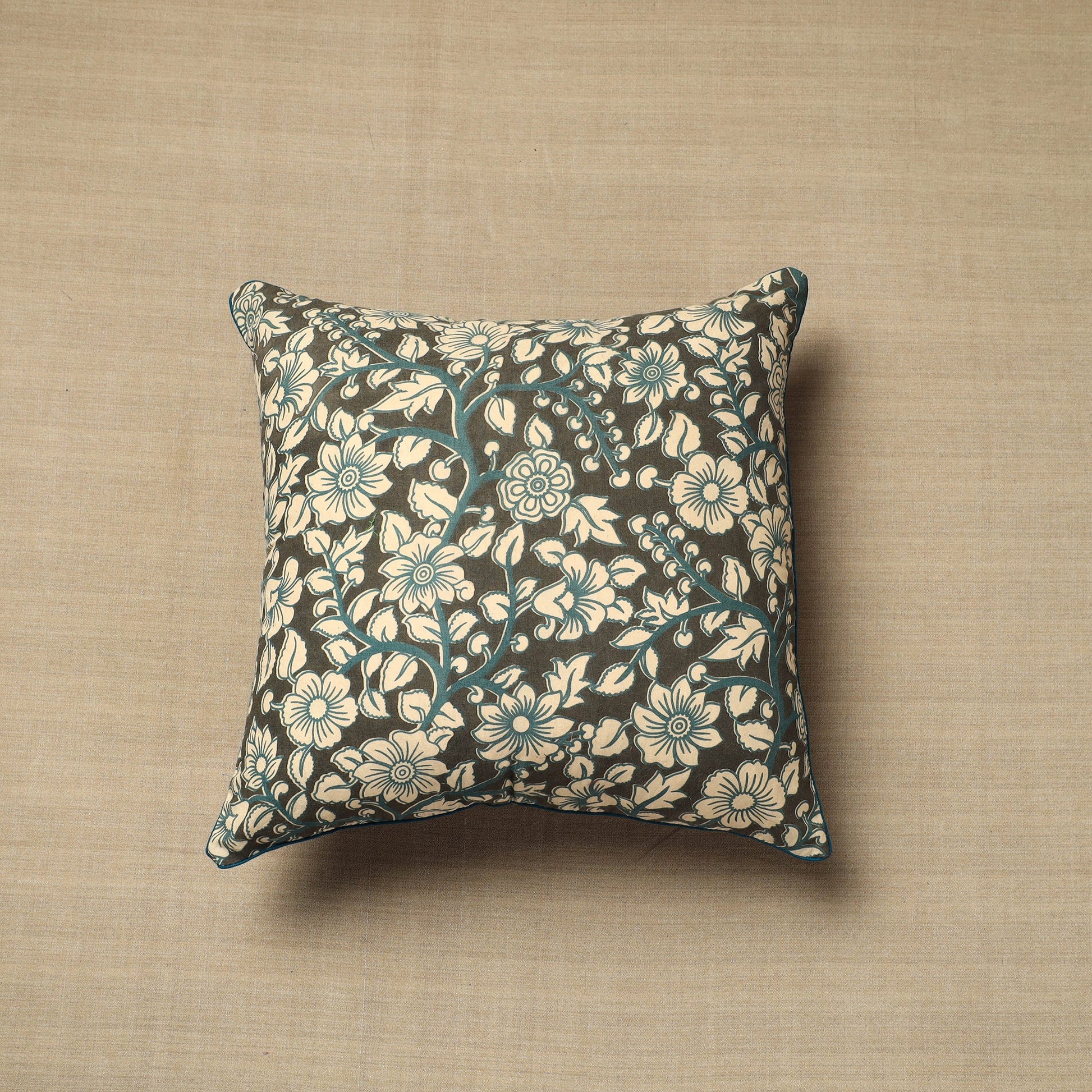 Brown - Cotton Printed Kalamkari Cushion Cover (16 x 16 in) 12