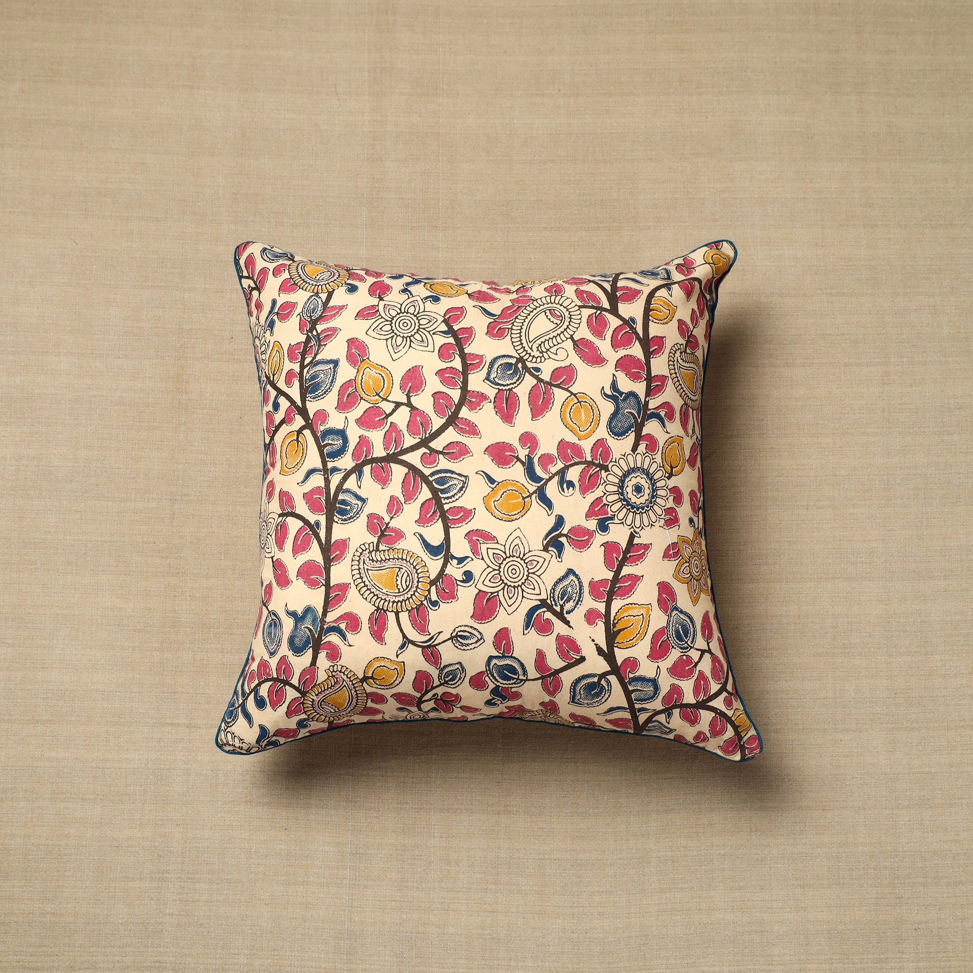 Beige - Cotton Printed Kalamkari Cushion Cover (16 x 16 in) 13