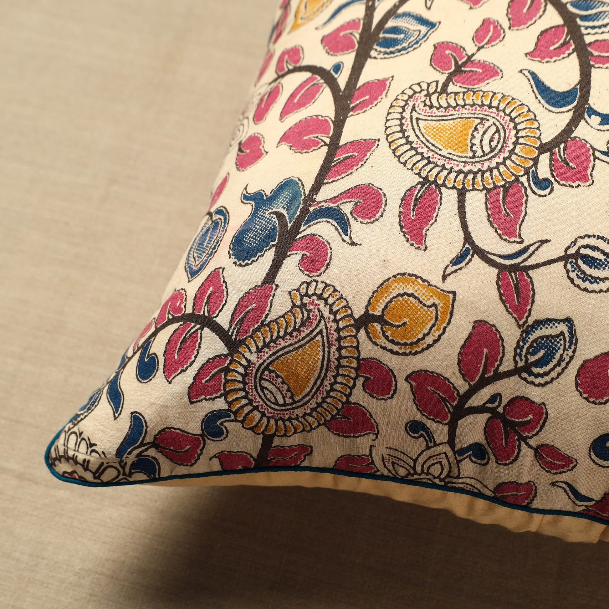 Beige - Cotton Printed Kalamkari Cushion Cover (16 x 16 in) 13