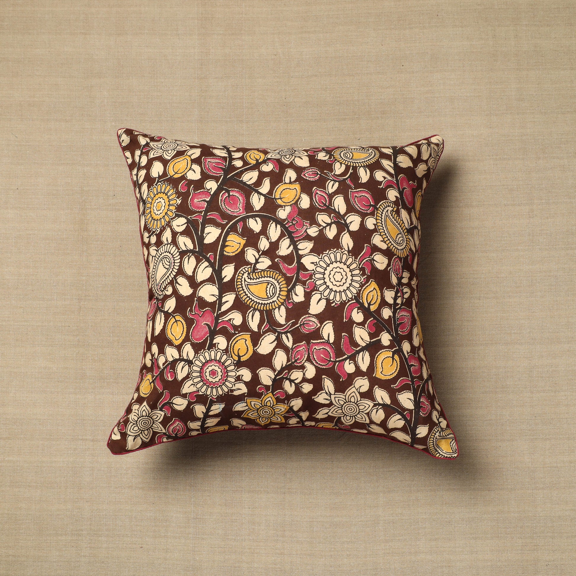 Brown - Cotton Printed Kalamkari Cushion Cover (16 x 16 in) 15