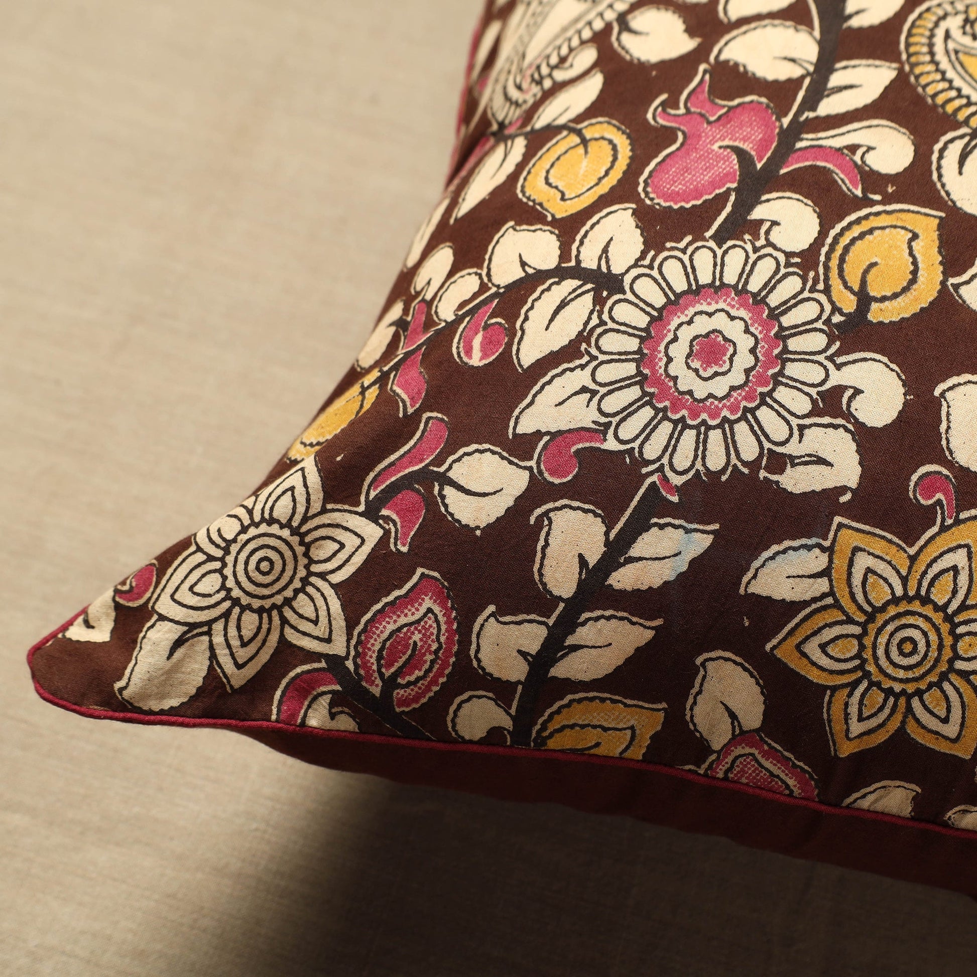 Brown - Cotton Printed Kalamkari Cushion Cover (16 x 16 in) 15