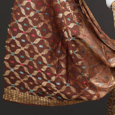 Brown - 3pc Kutch Bandhani Tie-Dye Gadwal Satin Cotton Suit Material Set 175