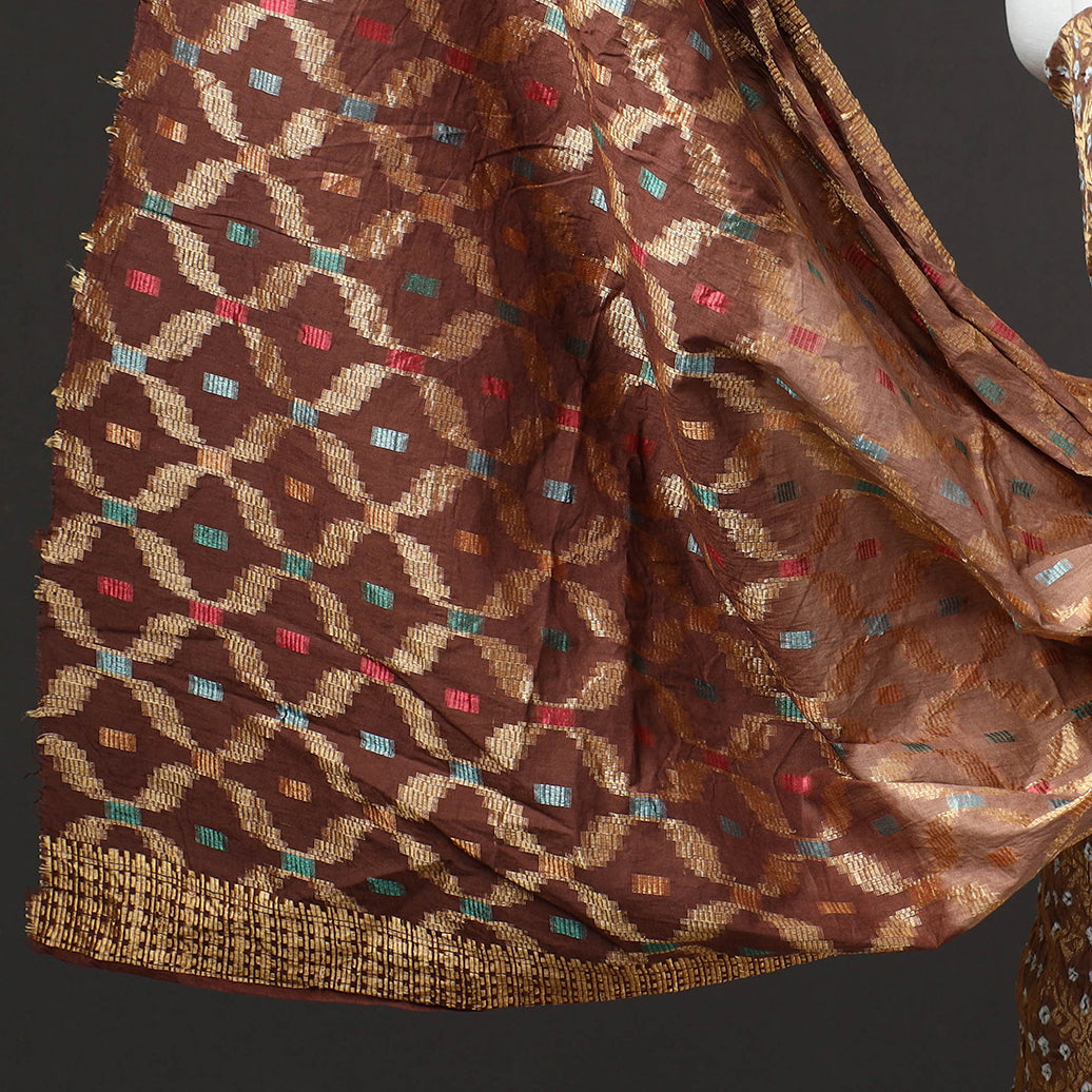Brown - 3pc Kutch Bandhani Tie-Dye Gadwal Satin Cotton Suit Material Set 175