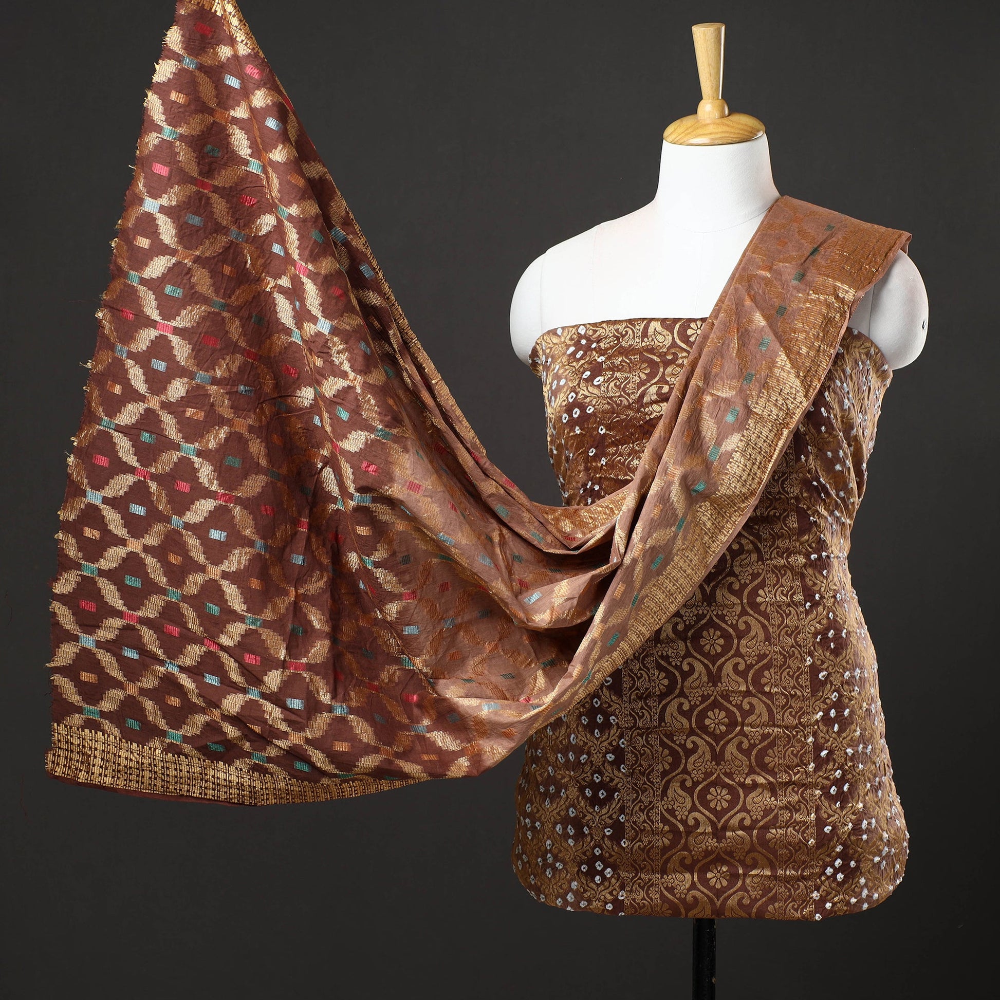 Brown - 3pc Kutch Bandhani Tie-Dye Gadwal Satin Cotton Suit Material Set 175
