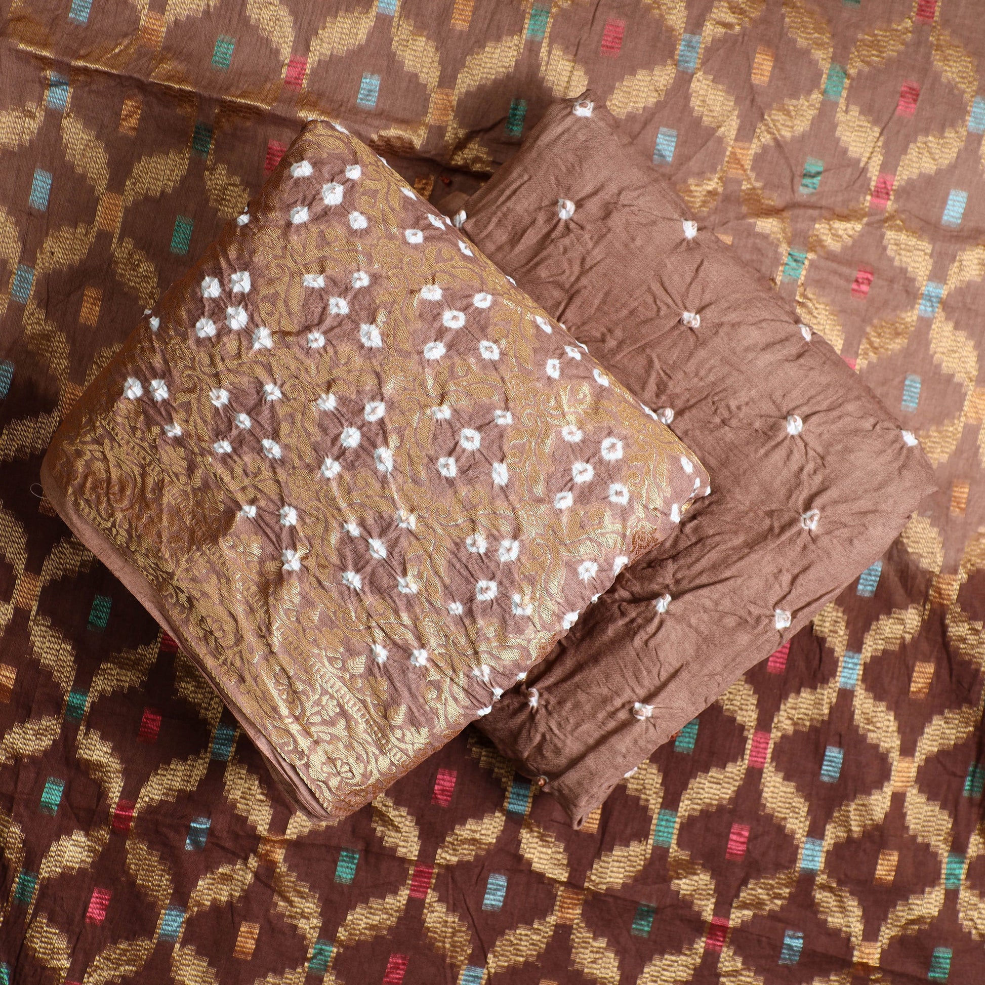 Brown - 3pc Kutch Bandhani Tie-Dye Gadwal Satin Cotton Suit Material Set 175