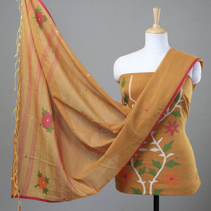 Brown - 2pc Phulia Jamdani Weave Handloom Cotton Suit Material Set