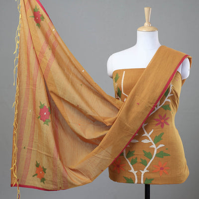 Brown - 2pc Phulia Jamdani Weave Handloom Cotton Suit Material Set