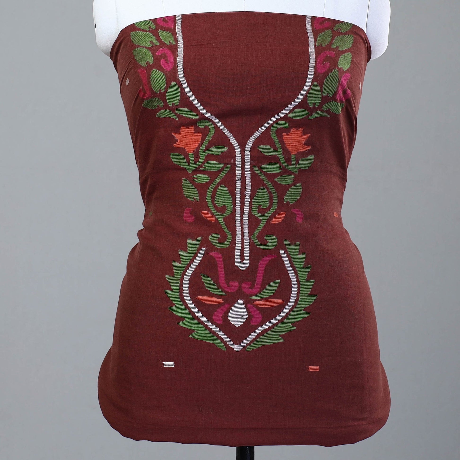 Brown - 2pc Phulia Jamdani Weave Handloom Cotton Suit Material Set