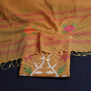 Brown - 2pc Phulia Jamdani Weave Handloom Cotton Suit Material Set