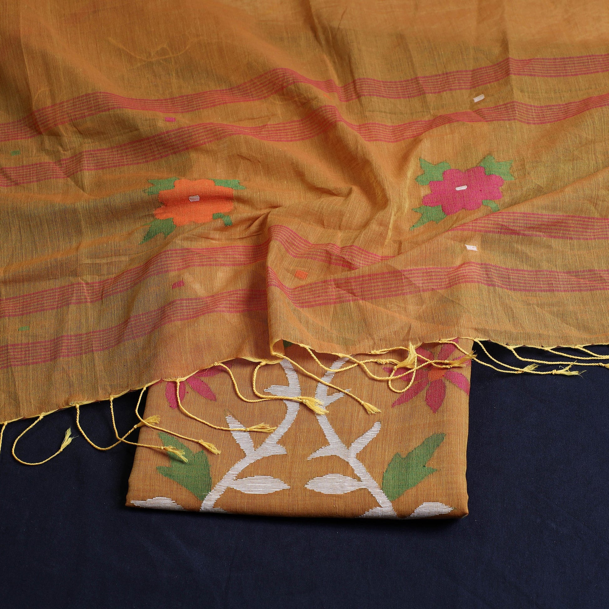 Brown - 2pc Phulia Jamdani Weave Handloom Cotton Suit Material Set