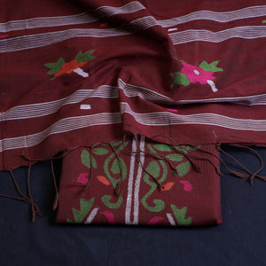 Brown - 2pc Phulia Jamdani Weave Handloom Cotton Suit Material Set
