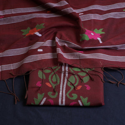 Brown - 2pc Phulia Jamdani Weave Handloom Cotton Suit Material Set