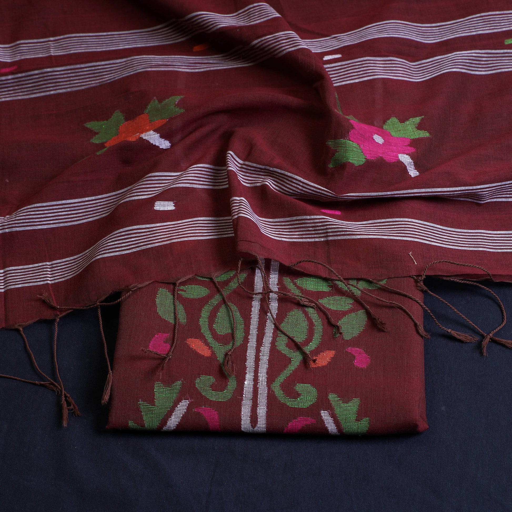 Brown - 2pc Phulia Jamdani Weave Handloom Cotton Suit Material Set