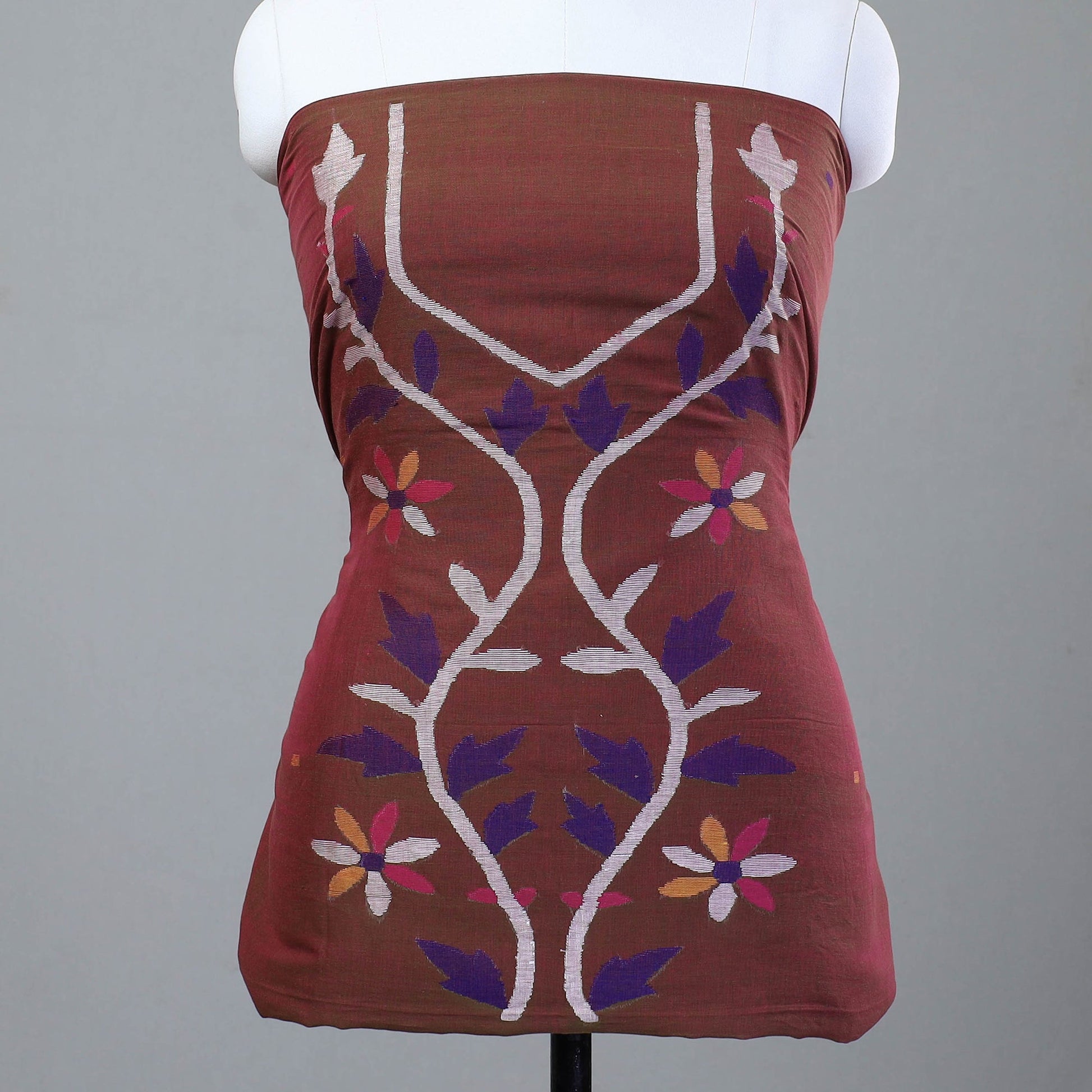 Brown - 2pc Phulia Jamdani Weave Handloom Cotton Suit Material Set