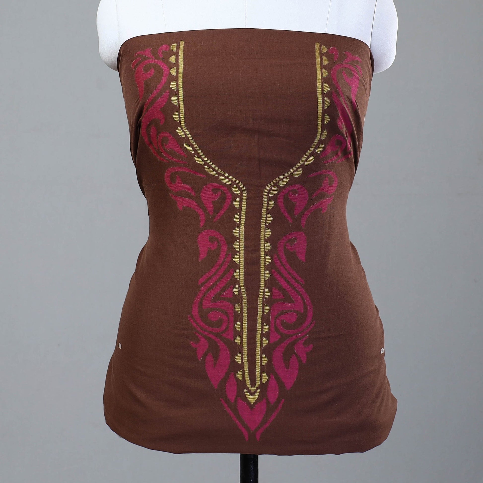 Brown - 2pc Phulia Jamdani Weave Handloom Cotton Suit Material Set