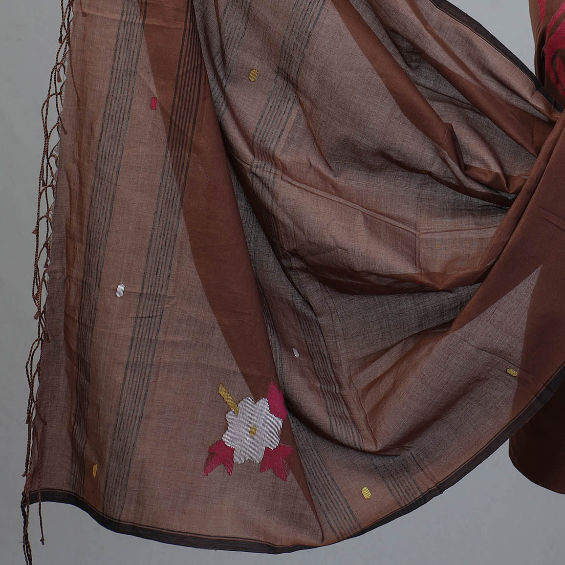 Brown - 2pc Phulia Jamdani Weave Handloom Cotton Suit Material Set