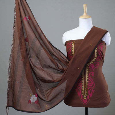 Brown - 2pc Phulia Jamdani Weave Handloom Cotton Suit Material Set