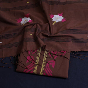Brown - 2pc Phulia Jamdani Weave Handloom Cotton Suit Material Set