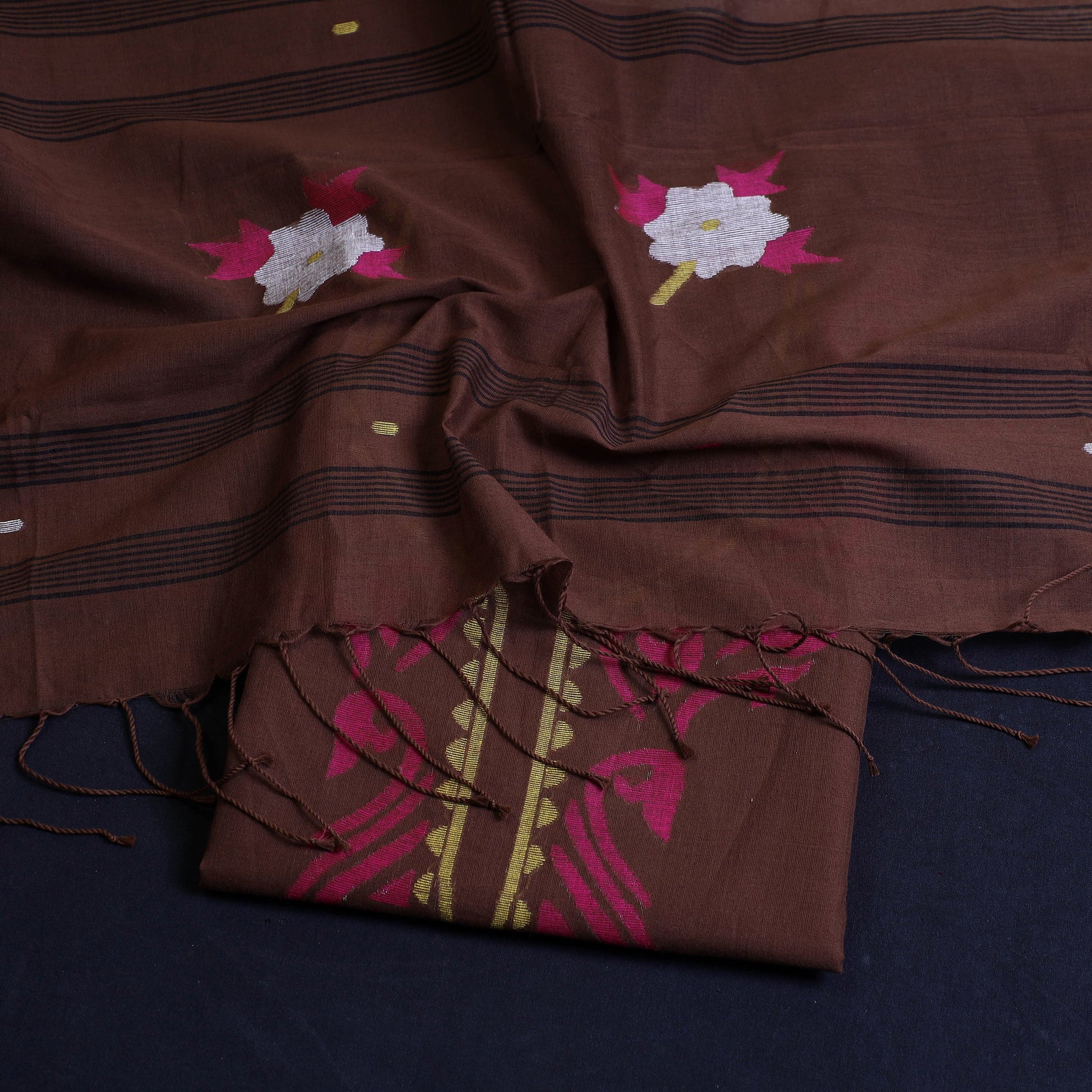 Brown - 2pc Phulia Jamdani Weave Handloom Cotton Suit Material Set