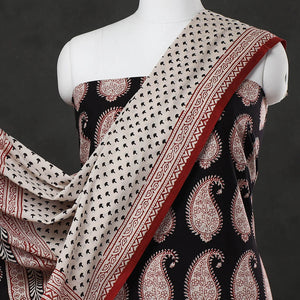 Black - 3pc Natural Dyed Cotton Bagh Print Suit Material Set