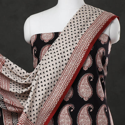 Black - 3pc Natural Dyed Cotton Bagh Print Suit Material Set