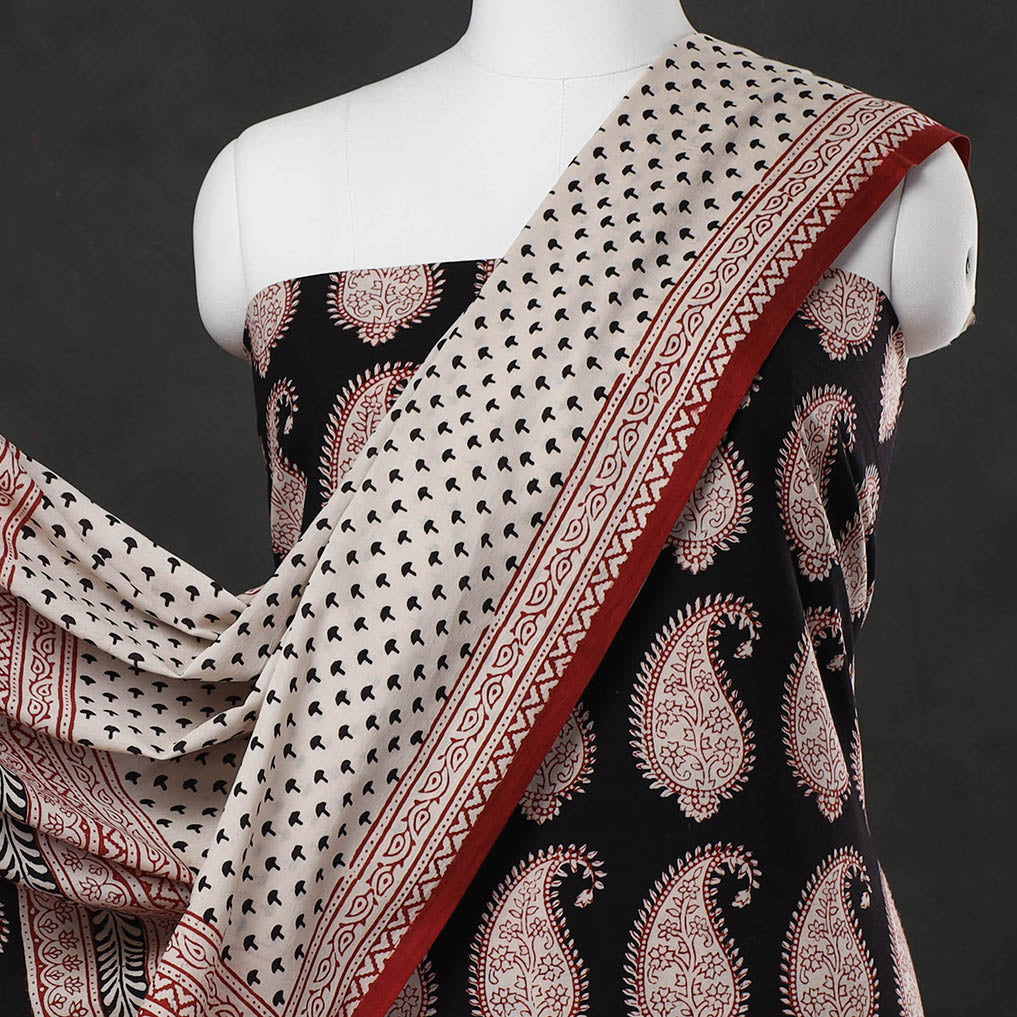Black - 3pc Natural Dyed Cotton Bagh Print Suit Material Set