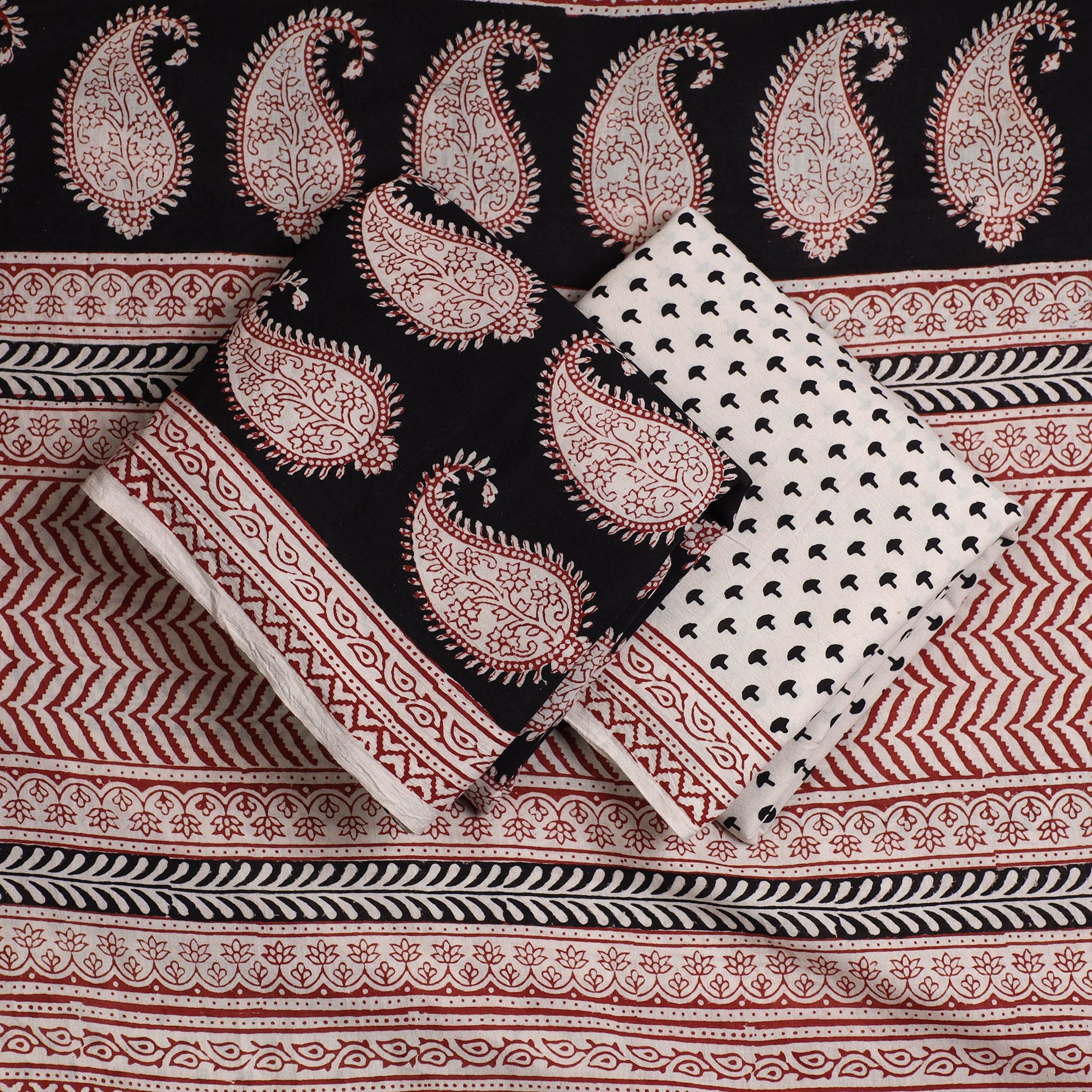 Black - 3pc Natural Dyed Cotton Bagh Print Suit Material Set