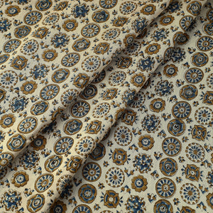 Beige - Ajrakh Block Printed Natural Dyed Chanderi Silk Fabric 04