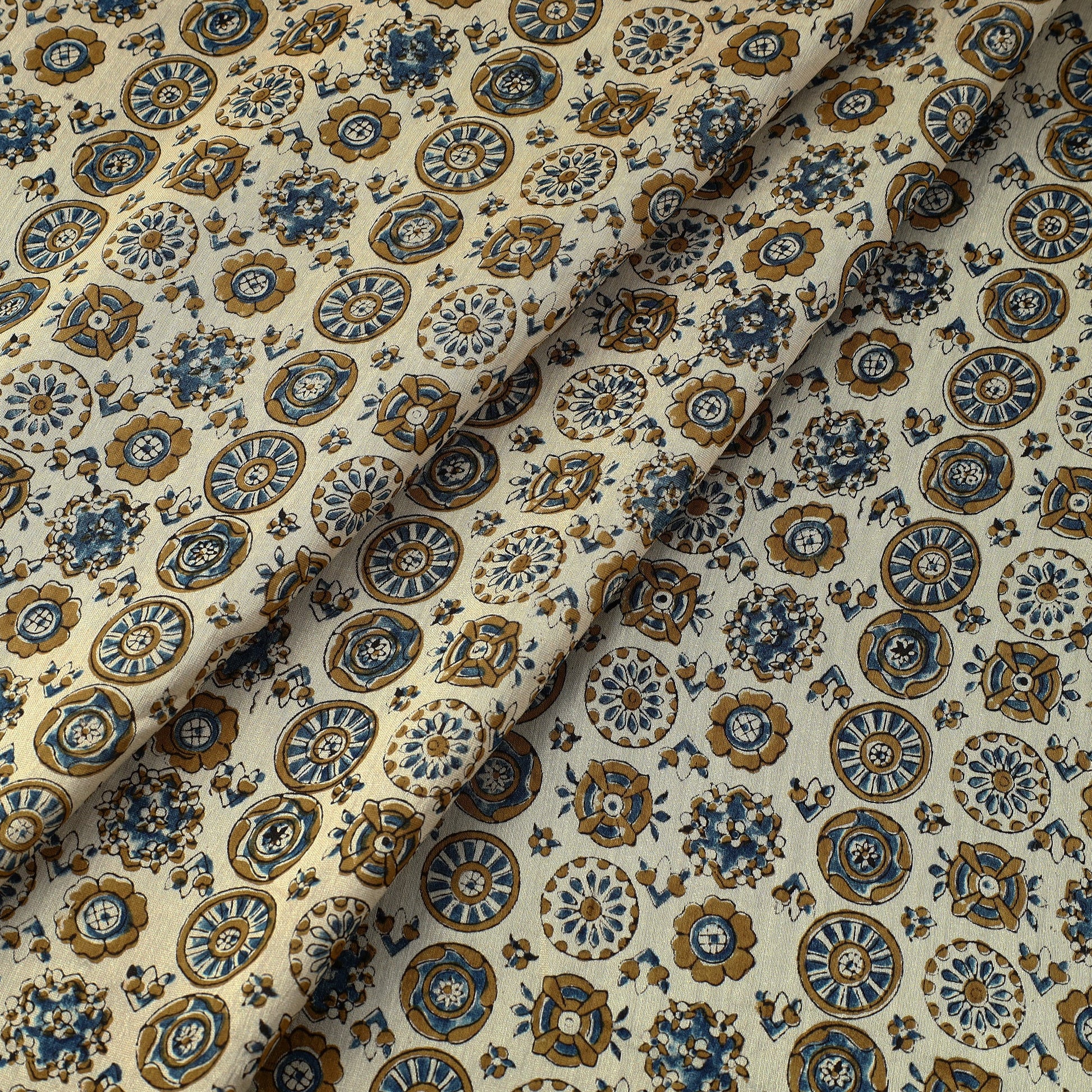 Beige - Ajrakh Block Printed Natural Dyed Chanderi Silk Fabric 04