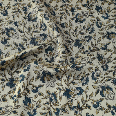 Beige - Ajrakh Block Printed Natural Dyed Chanderi Silk Fabric 05