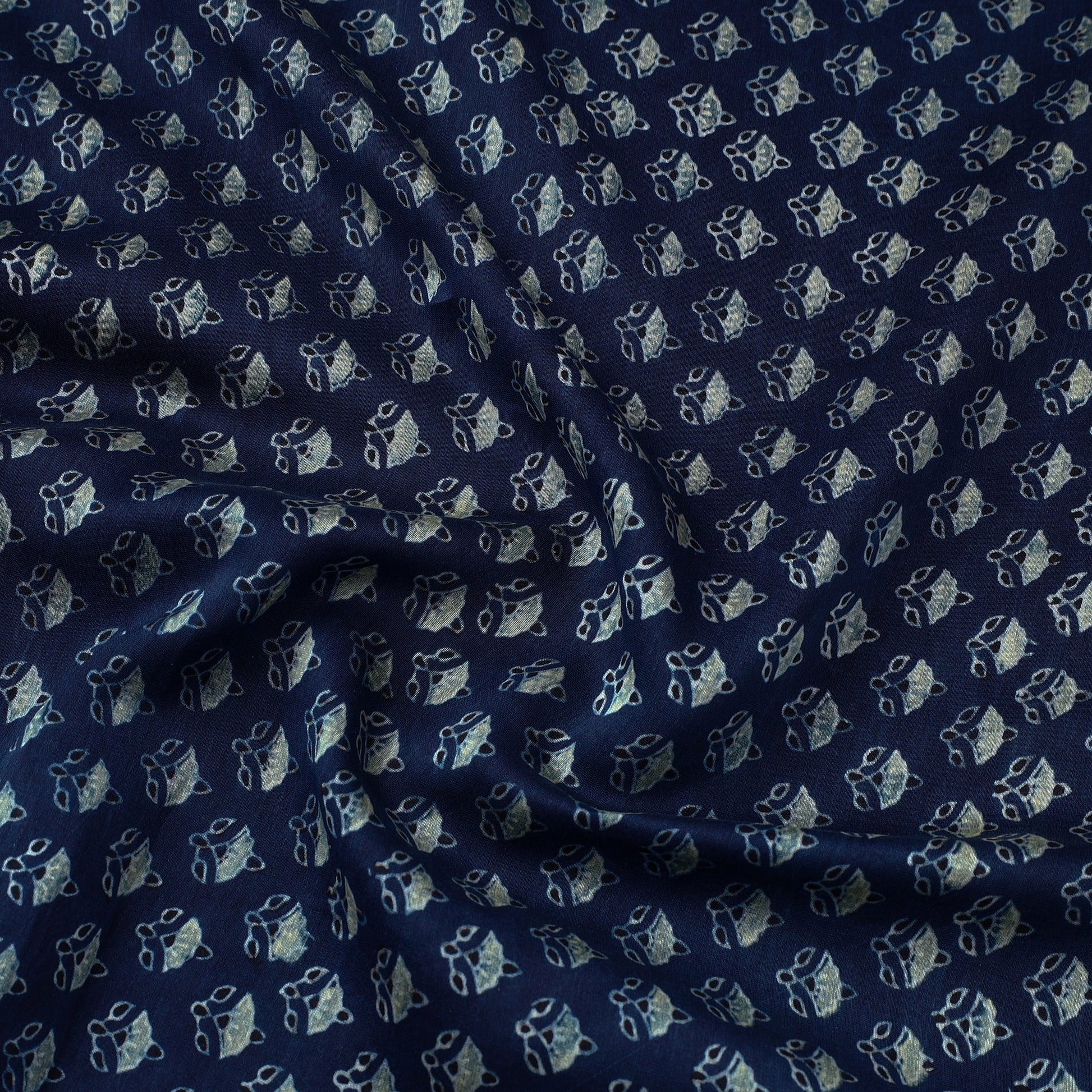 Blue - Ajrakh Block Printed Natural Dyed Chanderi Silk Fabric 07