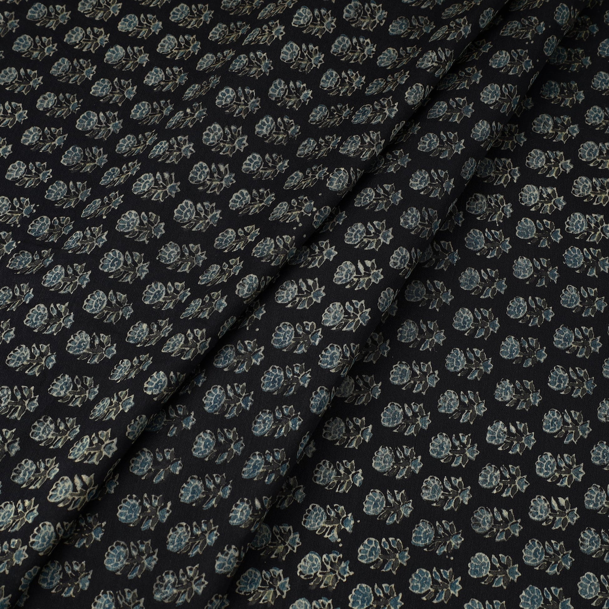Black - Ajrakh Block Printed Natural Dyed Chanderi Silk Fabric 10