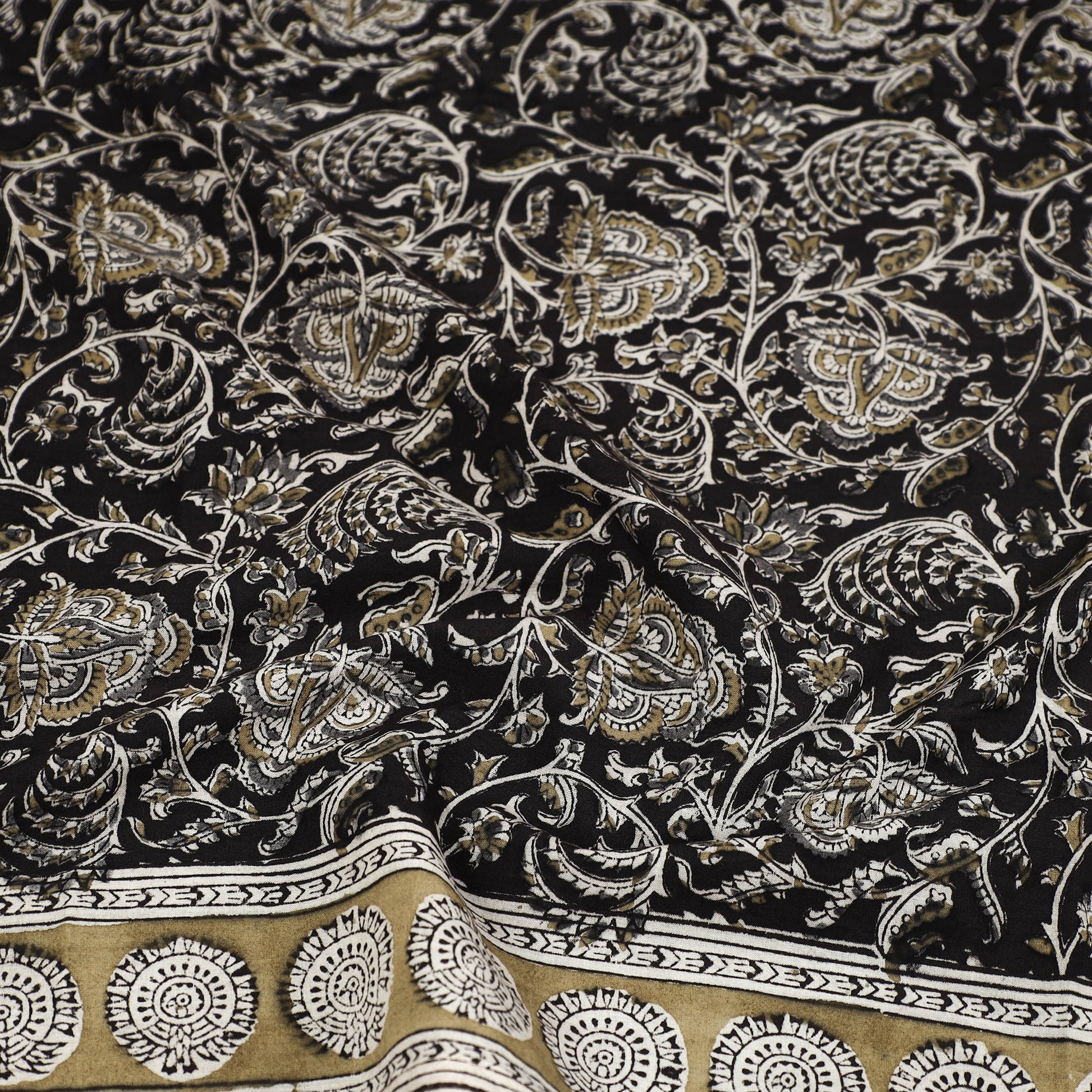 Black - Pedana Kalamkari Block Printed Natural Dyed Cotton Scarf 78