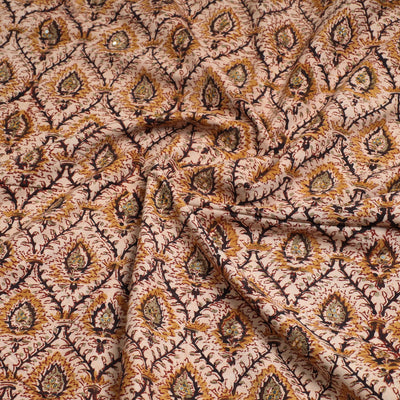 Brown - Kalamkari Block Printed Sequin Work Cotton Kurta Material - 3 Meter