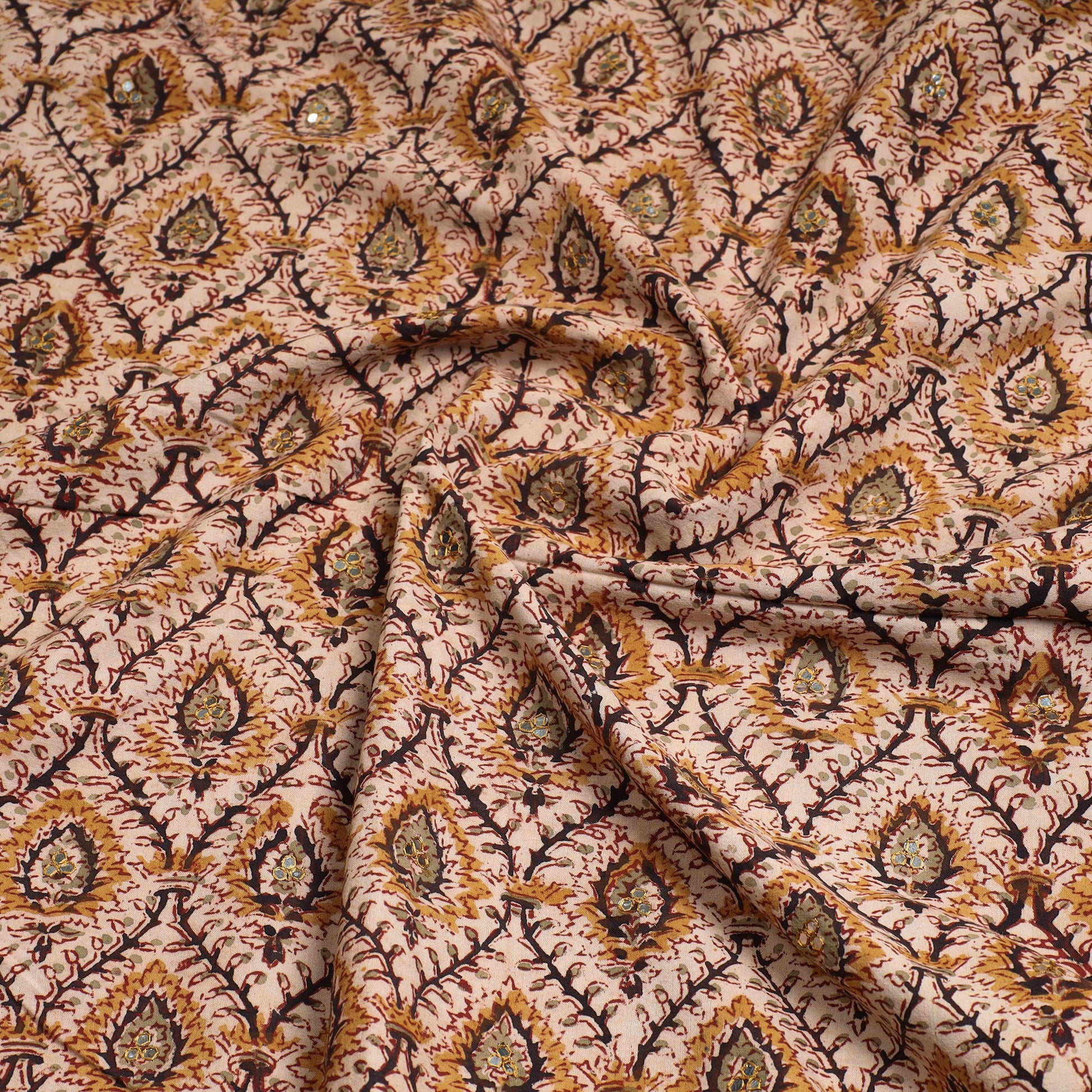Brown - Kalamkari Block Printed Sequin Work Cotton Kurta Material - 3 Meter