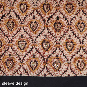 Brown - Kalamkari Block Printed Sequin Work Cotton Kurta Material - 3 Meter