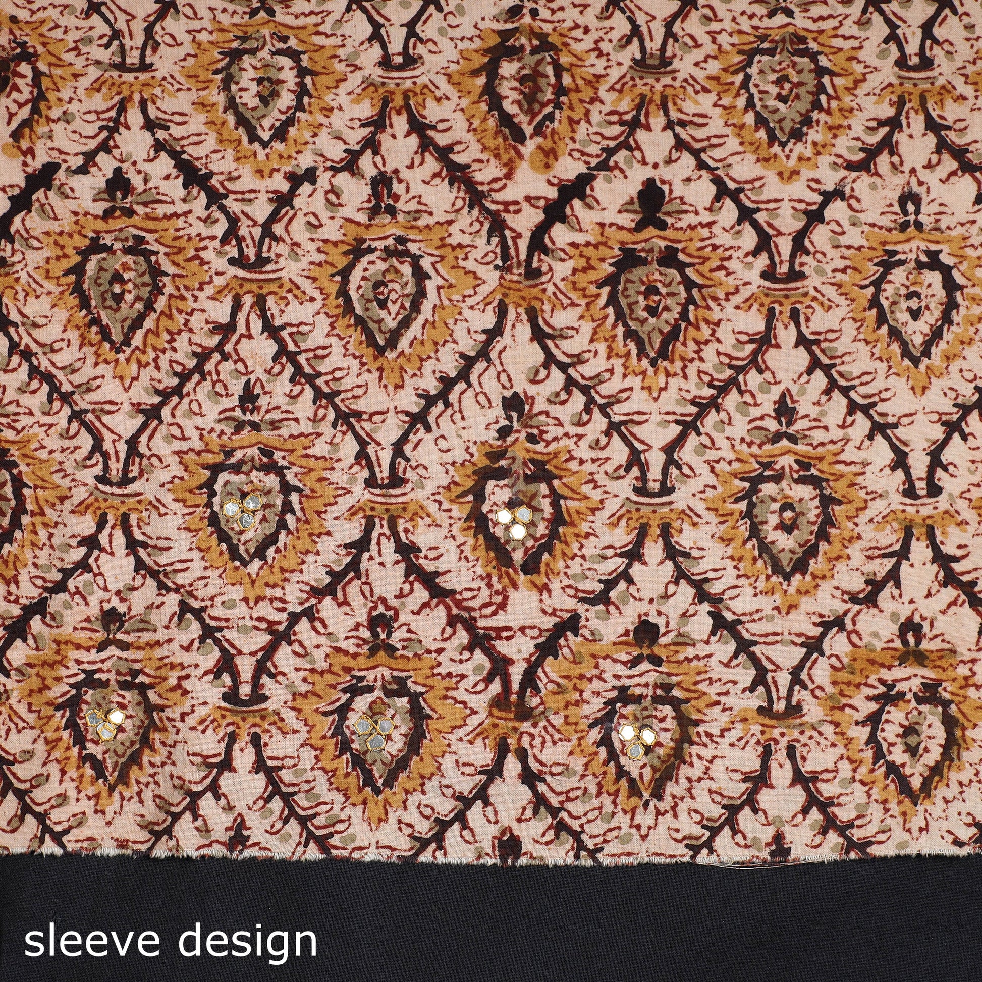 Brown - Kalamkari Block Printed Sequin Work Cotton Kurta Material - 3 Meter