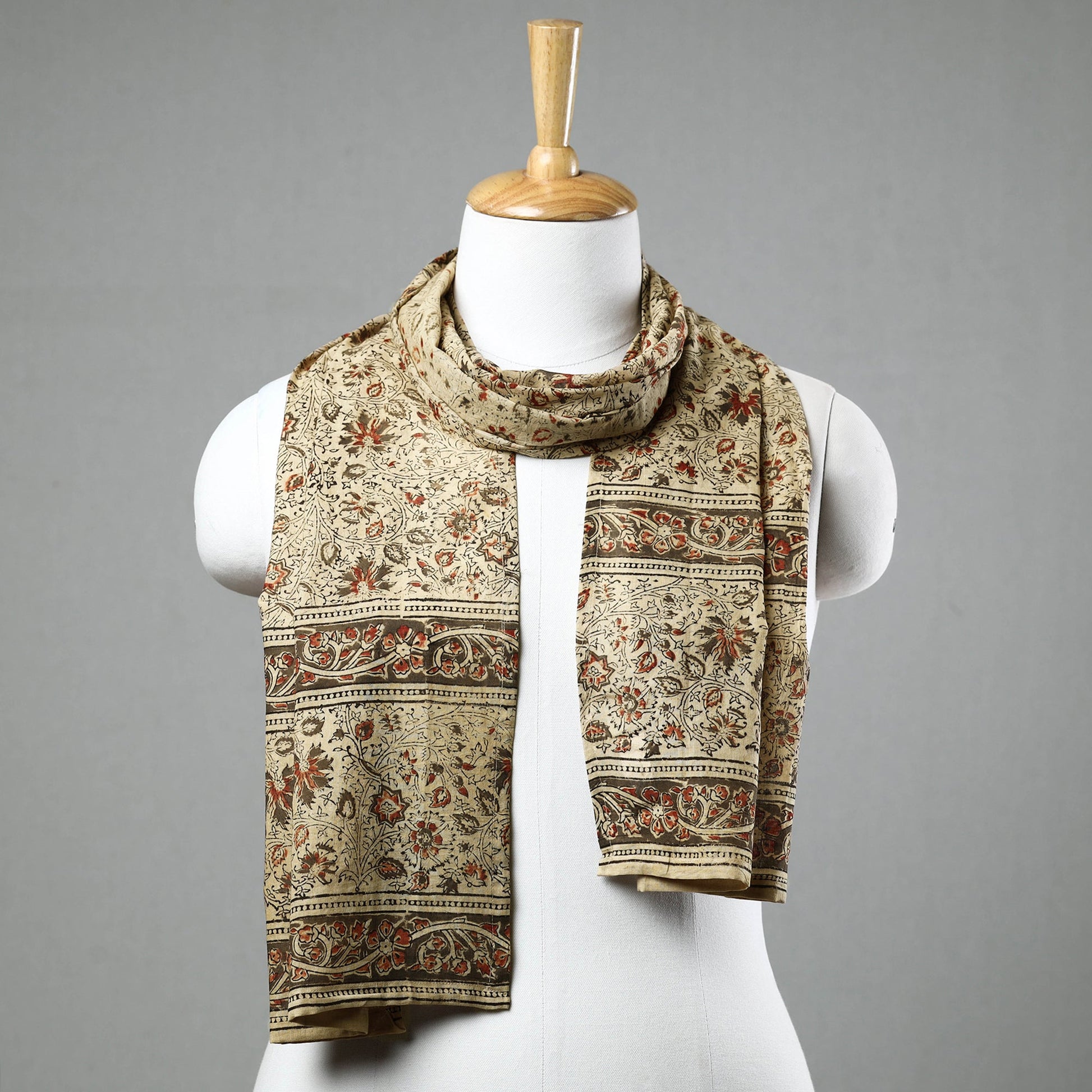 Beige - Pedana Kalamkari Block Printed Natural Dyed Cotton Stole 01