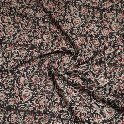 Black - Kalamkari Block Printed Sequin Work Cotton Kurta Material - 2.6 Meter