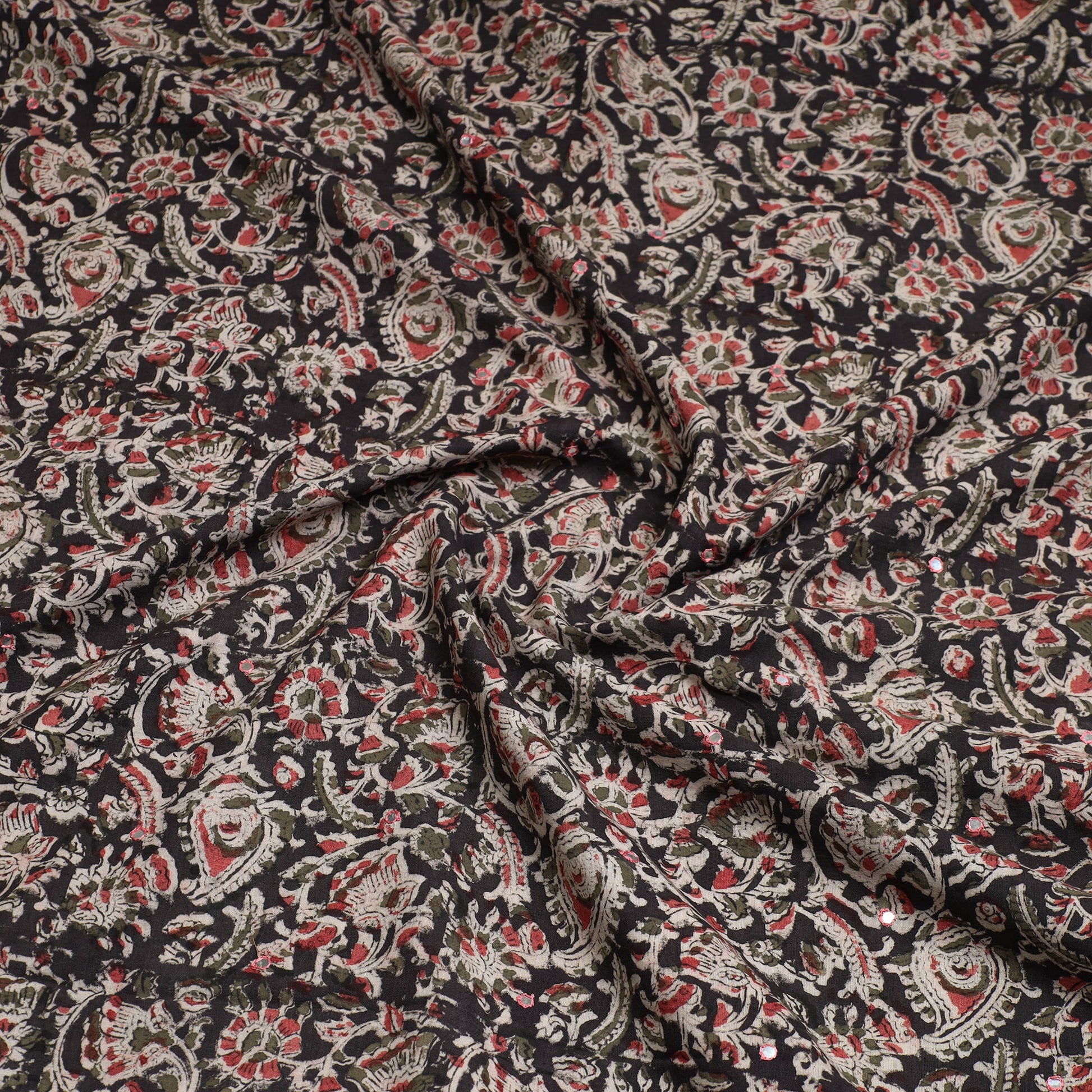 Black - Kalamkari Block Printed Sequin Work Cotton Kurta Material - 2.6 Meter