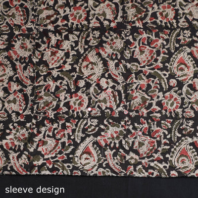 Black - Kalamkari Block Printed Sequin Work Cotton Kurta Material - 2.6 Meter