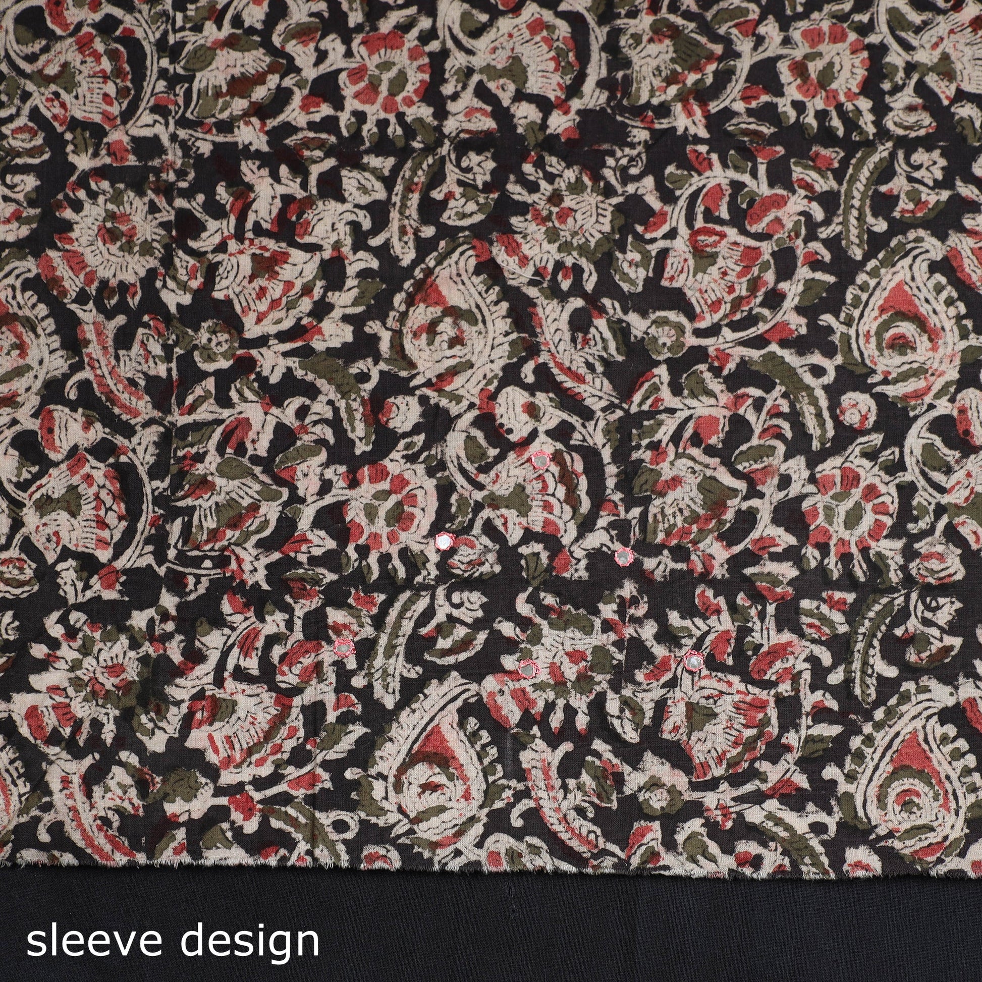 Black - Kalamkari Block Printed Sequin Work Cotton Kurta Material - 2.6 Meter