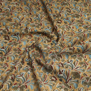 Beige - Kalamkari Block Printed Sequin Work Cotton Kurta Material - 2.6 Meter