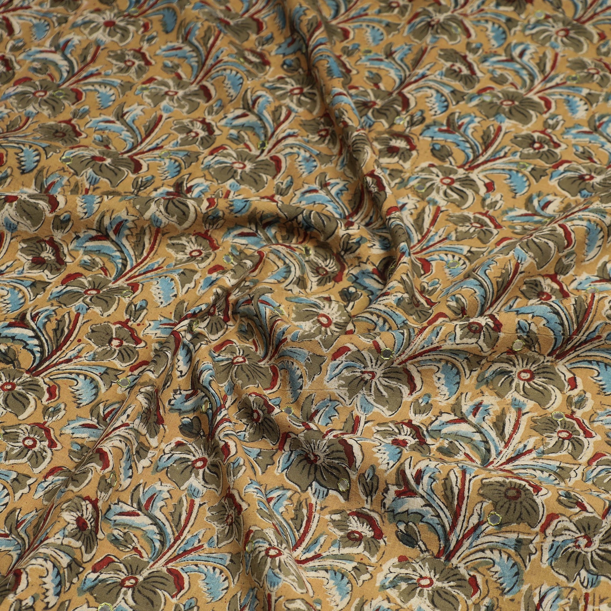 Beige - Kalamkari Block Printed Sequin Work Cotton Kurta Material - 2.6 Meter