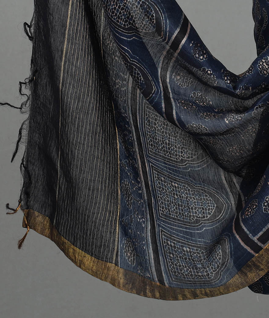 Blue - 2pc Block Print Linen Silk Ajrakh Dress Material 03