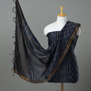 Blue - 2pc Block Print Linen Silk Ajrakh Dress Material 03