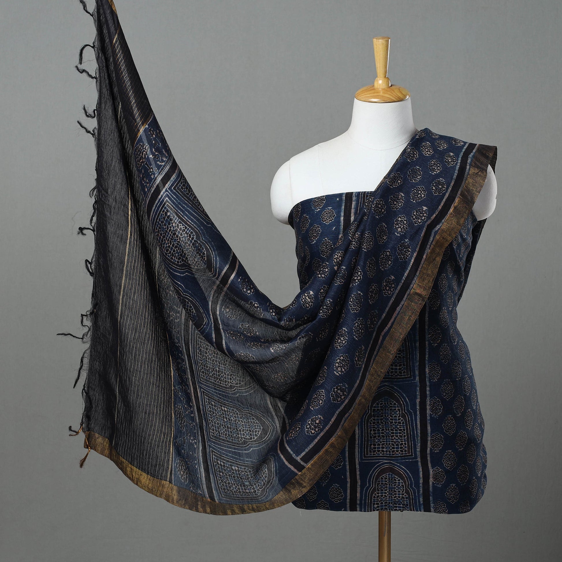 Blue - 2pc Block Print Linen Silk Ajrakh Dress Material 03